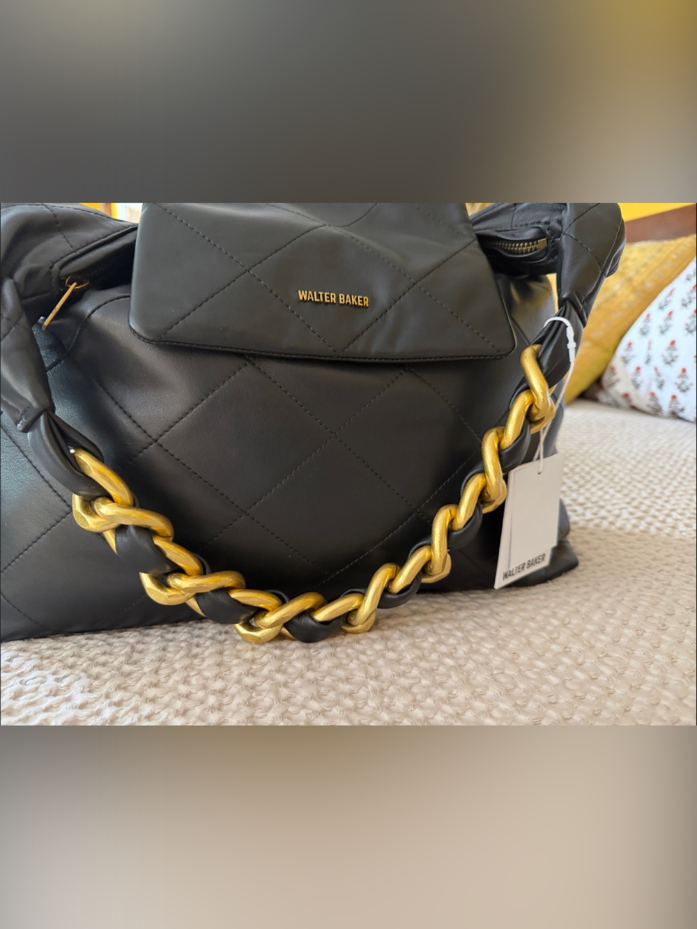 Walter Baker Black Quilted Shoulder Bag with Gold Chain Detail